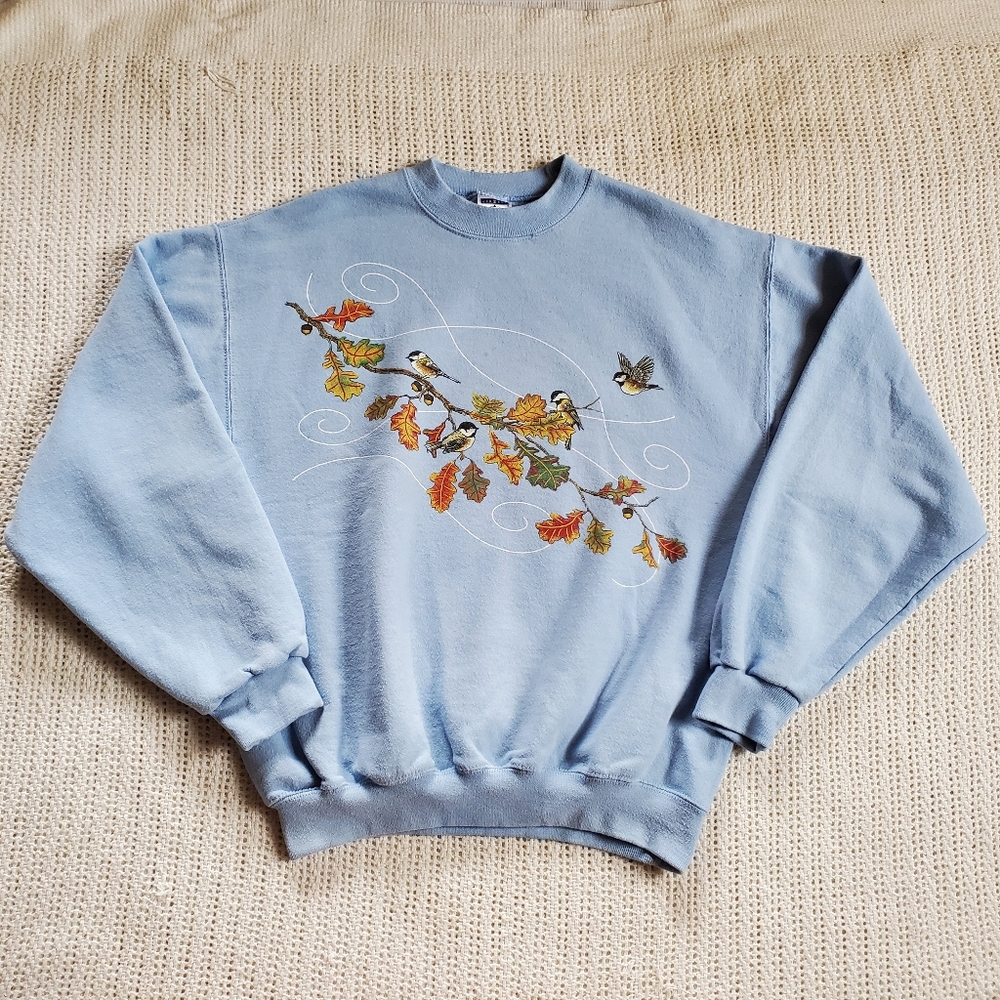 Vintage Jerzees Nublend Sweatshirt Blue Fall Leaves Birds Adult Size Medium